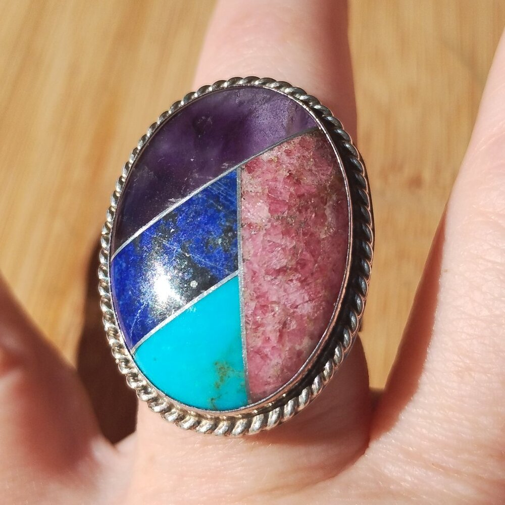 Jay King DTR multi stone Turquoise Lapis inlay ring 925 Sterling Silver size 10 - Picture 4 of 10